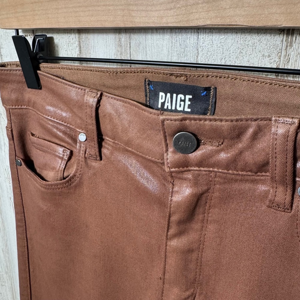 PAIGE Brown Cognac Cindy High Waist Ankle Straight Faux Leather Jeans Womens 29 - Picture 3 of 8